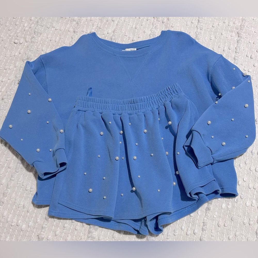 Blue Pearl-Embellished Sweatshirt and Skort Set